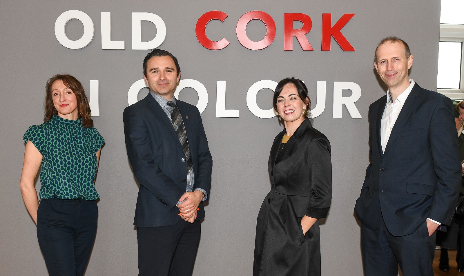 From left, Dorota Gubbins curator and John Crotty general manager, both Spike Island and authors Dr Sarah-Anne Buckley and Professor John Breslin, both NUI Galway, at the official opening of the exhibition 'Old Cork in Colour' on 12 April 2022. Photo: David Keane